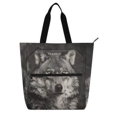 Imagem de GAIGEO Sacola feminina cinza lobo para trabalho, lona, praia, escola, bolsa reutilizável com compartimentos