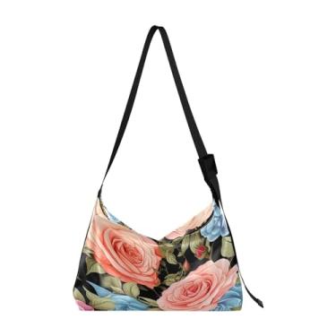 Imagem de Giraffe's Head Looks Forward Bolsa de couro com alça de ombro, bolsa de couro feminina, bolsa de ombro de couro, Rosa rapsodizada em flor azul - 2, One Size