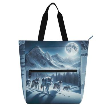 Imagem de GAIGEO Wolves Moon Mountains Bolsa feminina de lona com zíper bolsa de praia carteiro com compartimentos