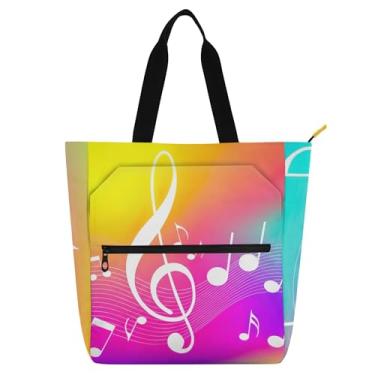 Imagem de GAIGEO Bolsas de trabalho femininas coloridas com notas musicais arco-íris bolsa de lona com zíper bolsa de praia infantil linda bolsa de mão com compartimentos