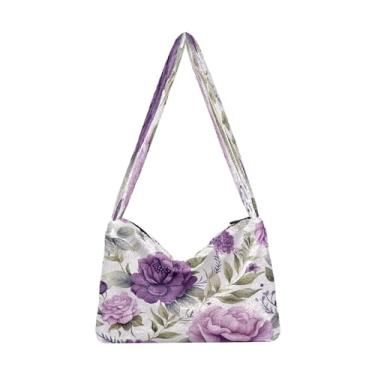 Imagem de Maçãs e flores com folhas em aquarela bolsas de ombro femininas, bolsa de ombro com zíper para mulheres, bolsa feminina para uso ao ar livre, Floral roxo com folhas e flores - 3, One Size