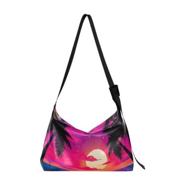 Imagem de Bolsa de ombro aquarela flores silvestres com borboletas, bolsa transversal com alça grossa, bolsa de ombro feminina, Praia tropical pôr do sol com vegetação - 2, One Size