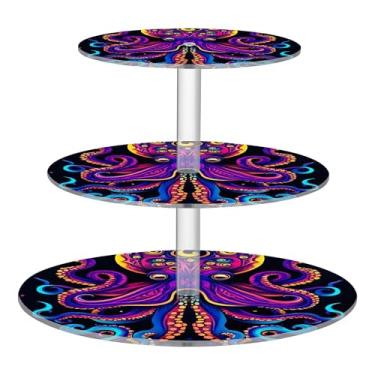 Imagem de Polvo Noite Estrelada Colorido Tea Party Cupcake Stand 3 camadas redondo acrílico display copo torre de bolo decoração de festa de chá bandeja de servir comida suporte de formatura lanche