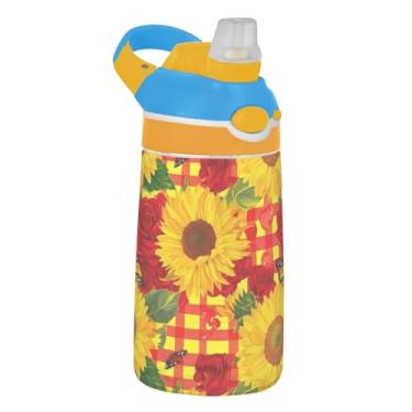 Imagem de Garrafa de água esportiva infantil de 473 ml com tampa de palha, garrafa de água à prova de vazamento para escola, copo infantil Tritan de 473 ml, alça de transporte, girassóis brilhantes, vermelho