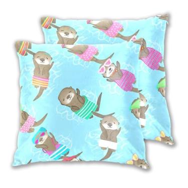 Imagem de Joitme Playful Otters Conjunto de 2 fronhas coloridas para roupa de banho, capa de almofada grande para decoração de quarto, 50 x 50 cm, 2 peças