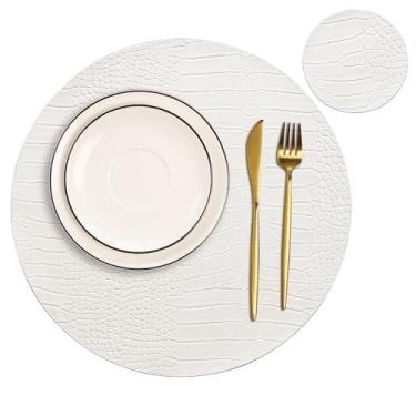 Imagem de Jovono Jogo americano redondo de couro para mesas redondas, conjunto de 6, tapetes e porta-copos brancos, tapetes de mesa impermeáveis e resistentes ao calor, fáceis de cuidar, para decoração de