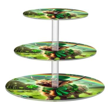 Imagem de Dia de São Patrício Highland Cow Green, 3 camadas, suporte de cupcake para festa, exibição de acrílico, torre de cupcake, decoração de mesa, cupcakes, prateleiras de comida, aniversário