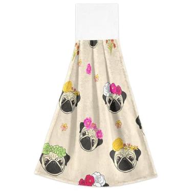 Imagem de Joitme Toalhas de mão para pendurar no outono, pugs fofos, flor, bege, animal, forno, conjunto de 2, toalha macia e absorvente, decoração de cozinha, 46 x 35 cm