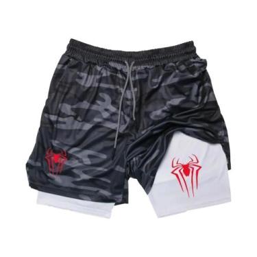 Imagem de Shorts Esportivos Masculinos Com Estampa De Aranha, Compressão 2 Em 1,