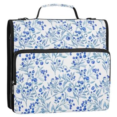 Imagem de Organizador de fichário com zíper, bagas florais azuis, fichários de 3 cm, 3 anéis, bolsa de fichários escolares engraçados, resistente, com alça de ombro, suporte para 500 folhas