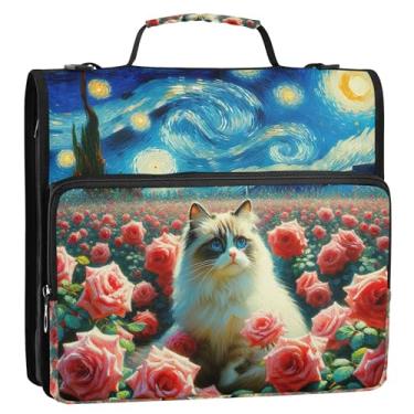 Imagem de Fichários de 3,8 cm, 3 anéis, gatinho fofo, noite estrelada, rosa, gato, fichário com zíper, fichário com alça, bolsa escolar floral, suporte para 500 folhas