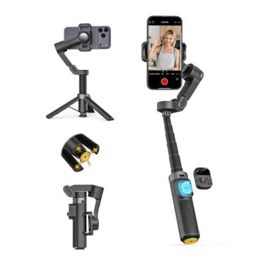 Imagem de AOCHUAN Estabilizador gimbal de 3 eixos para iPhone com rastreamento facial de 360°, gimbal para smartphone com tripé aberto de um toque, controle por gestos, estabilizador de telefone com controle