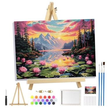 Imagem de MOGTAA Kit de pintura de paisagem por números para adultos iniciantes com moldura, kits de pintura por números para adultos Flowers Lake em tela com cavalete, kits de pintura a óleo DIY pôr do sol