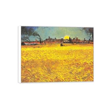 Imagem de BMZFYBS Vincent van Gogh Famosa pintura em tela de arte de parede pronta para pendurar. Campo de trigo ao pôr do sol. Imagem em moldura branca para decoração de sala de estar 60 x 80 cm 24 x 31 pol