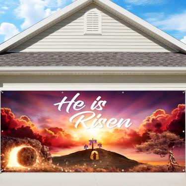 Imagem de OERJU He is Risen Bandeira de Porta de Garagem de Páscoa Religiosa Capa de Decoração de Porta de Garagem Jesus Cruz de Pedra Caverna Tumba Ressurreição Fundo Interior Exterior Igreja Cristã Festa Capa