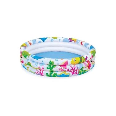 Imagem de Piscina Inflável Redonda 3 Anéis, Tema Fundo do Mar, 107cm Diâmetro x 25cm Altura, 180 Litros, PVC, Branca, para Crianças Maiores de 2 Anos