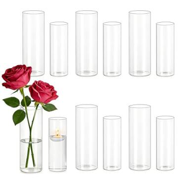 Imagem de Hewory Vasos cilíndricos de vidro para centros de mesa: conjunto de 12 vasos de furacão transparentes a granel para decoração de festa de aniversário de mesa de chá de bebê de casamento - castiçais