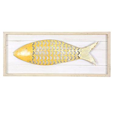 Imagem de Decoração de parede, moldura de madeira, arte de parede de peixe de metal, escultura náutica de escola costeira de peixes, decoração de parede costeira rústica, decoração abstrata de peixe emoldurada