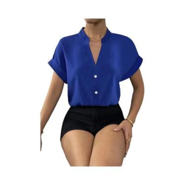 Imagem de Blusa feminina de botão de couro PU, Turn Down Collar, Bodycon Working