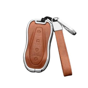 Imagem de Liga + couro carro remoto chave caso capa compatível com geely azkarra tugella fy11 2019 2020 atlas pro emgrand gs x6 suv ec7 estilo(Silver Brown)
