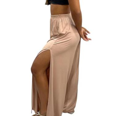 Imagem de Calça Pantalona Feminina Cintura Alta com Fenda Lateral de Malha Tecid
