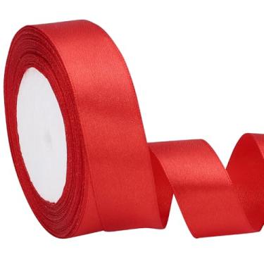 Imagem de EUSOAR Fita vermelha, 1 rolo de fita de cetim de tecido de 2,5 cm x 25 m, fitas de seda sólida para artesanato, embrulho de presente, buquês florais de flores, convites feitos à mão, festa de