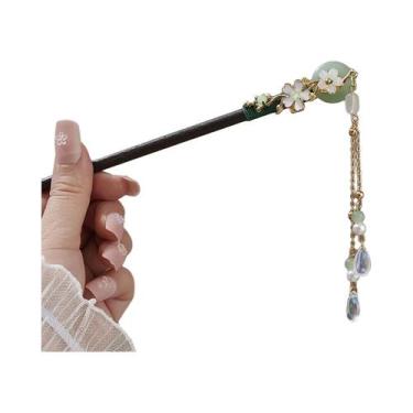 Imagem de Grampo De Cabelo Magnolia De Vidro Transparente Com Franjas De Madeira