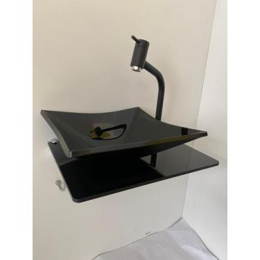 Imagem de Kit Cuba 30x32cm De Vidro Preto + Tampo 40x30cm Preto + Suporte cromad