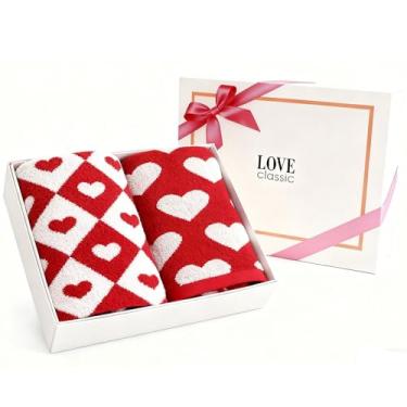 Imagem de Cadeaux4U Pacote com 2 toalhas de mão de dia dos namorados toalha de banho de algodão corações brancos vermelhos toalha de banho absorvente decorativa, 75 x 33,4 polegadas