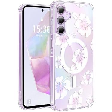 Imagem de Jkvare Capa para Samsung Galaxy A35 compatível com MagSafe, capa protetora magnética sem fio com padrão estético cristalino para mulheres e meninas - hibisco pastel