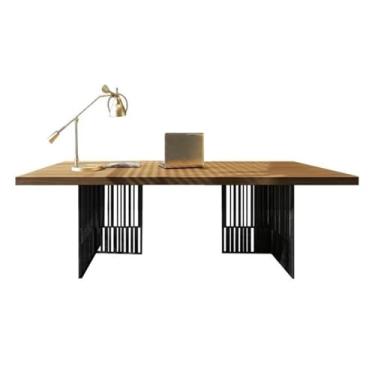 Imagem de KEG801302 Mesa de escritório simples e moderna, mesa executiva de estilo industrial, mesa de trabalho de madeira com moldura de metal preto (G)
