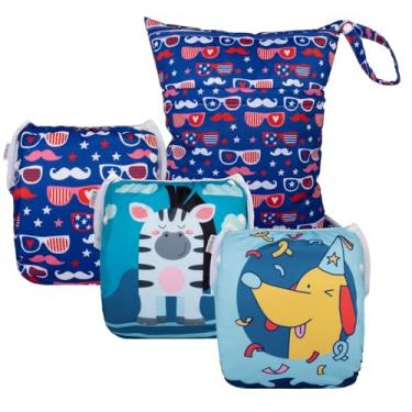 Imagem de ALVABABY 3 fraldas de natação para bebês com 1 bolsa molhada, reutilizável, lavável e ajustável para aulas de natação, meninos e meninas 3YKL09