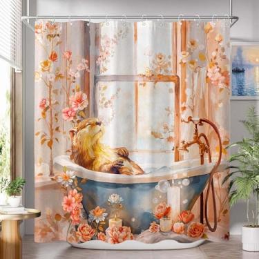 Imagem de YEXIT Cortina de chuveiro de lontra engraçada, animal fofo floral em tecido estampado de banheira decoração de banheiro rosa pêssego, 182 x 182 cm