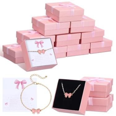 Imagem de Hinly Conjunto de 12 pulseiras de laço rosa coquete para presente a granel com caixa de cartões, pulseiras ajustáveis para líderes de torcida, lembrancinhas de festa com cartões inspiradores para