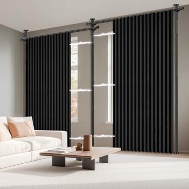 Imagem de AJAZZ Cortinas blackout 100% para sala de estar, pretas, 2 painéis L 250 x C 213 cm + hastes de cortina sem perfuração (A) 103-120 × (L) 89-508 cm, divisória de quarto para cortina de quarto