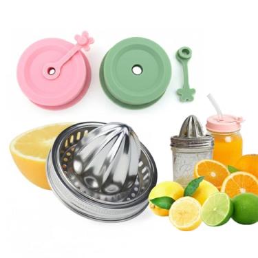 Imagem de Tampa de espremedor de aço inoxidável para pote de vidro de boca larga - com 2 peças de tampas de silicone para frasco de pedreiro, compatível com boca regular e larga, com furo de canudo e tampa