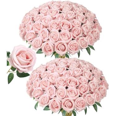Imagem de 50 peças de flores artificiais de rosas, rosas falsas com caule realista, rosa de seda para buquês de casamento, mesa de centro de mesa, arranjos de chá de bebê, aniversário, decoração de casa