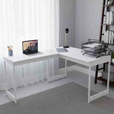 Imagem de Mesa Em L Estilo Industrial Escrivaninha De Canto Escritório Estudo (Branco Pés Brancos)
