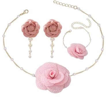 Imagem de ONLYJUMP Conjunto de 3 peças de rosas para mulheres doce flor retrô elegante colar de pérola flor colar pulseira brincos para casamento, aniversário, dia dos namorados, Medium, Liga de aço, Sem Pedra