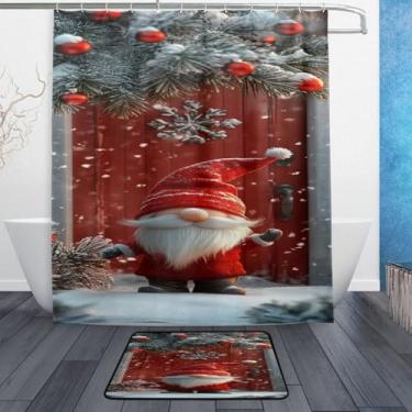 Imagem de xigua Gnomos de Natal fofos conjuntos de tapetes de cortina de banho 2 peças, conjunto de tema de banheiro (152 x 182 cm) com cortina de chuveiro e tapete antiderrapante -12 ganchos431