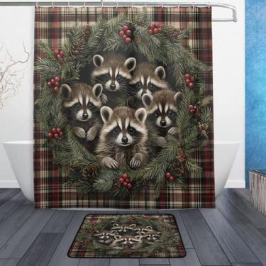 Imagem de xigua Lindo conjunto de tapetes de cortina de banho guirlanda de Natal guaxinim 2 peças, conjunto temático de banheiro (152 x 182 cm) com cortina de chuveiro e tapete antiderrapante -12 ganchos509