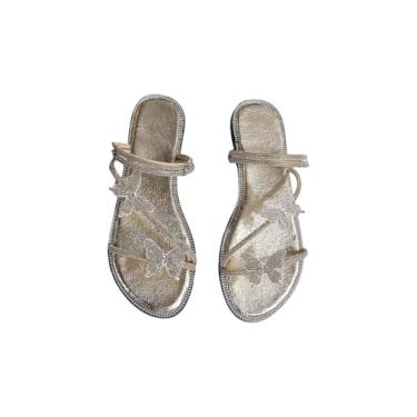 Imagem de OYOANGLE Sandálias femininas de couro PU com strass borboleta com tiras planas e bico aberto elegantes sandálias deslizantes, Dourado, 40