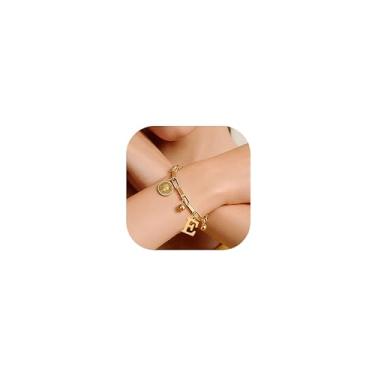 Imagem de TIYIMIYUXU Elegante pulseira feminina banhada a ouro 18K com pingentes de moeda, pingente de letra inicial e detalhes de sino, One Size, Latão, Sem Pedra Preciosa