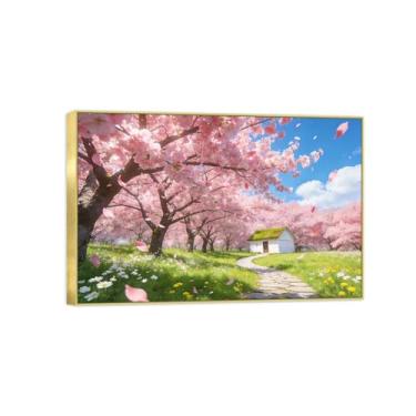 Imagem de BMZFYBS Impressão em tela de paisagem pronta para pendurar - casa de árvore rosa - pintura de arte de parede - decoração de casa moderna imagem moldura dourada 20 x 30 cm 8 x 12 pol