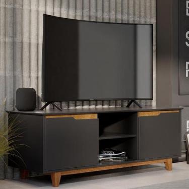 Imagem de Rack Bancada Flow 2 Portas Com Pés de Madeira Maciça - EJ Móveis, Pret