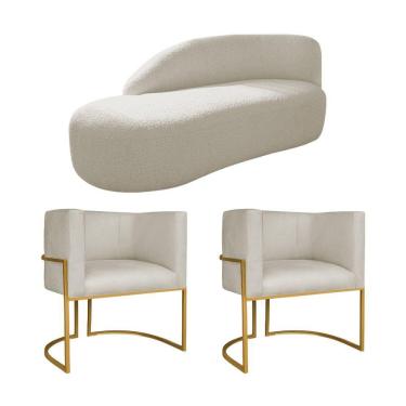 Imagem de Kit Divã Luna 140cm Lado Esquerdo E 02 Poltronas Base De Ferro Dourado Bouclé Branco