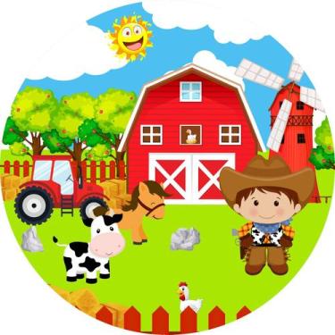 Imagem de Painel de Lona Redondo Fazendinha Menino Cowboy Celeiro Vermelho - Fab
