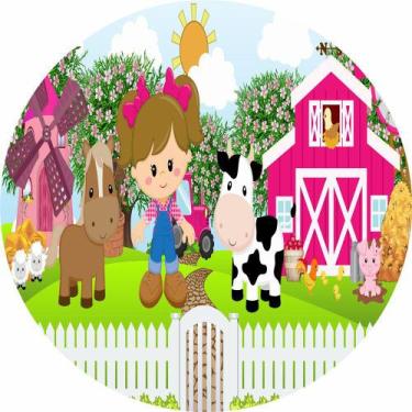 Imagem de Painel de tecido Sublimado Redondo Fazendinha Rosa Menina e Animais C/