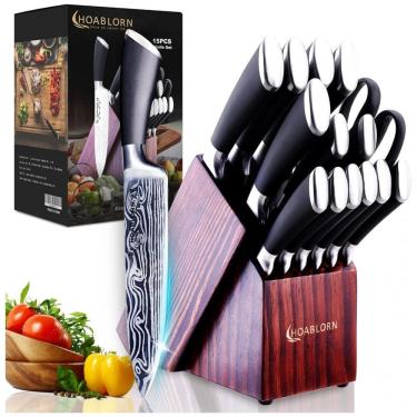 Imagem de Conjunto de Facas com Afiador Embutido e Bloco de Bancada 13 Peças, HOABLORN PK01 15Pcs, Preto