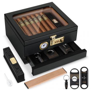 Imagem de Umidor Charutos Tesonway Preto Higrômetro Frontal Gaveta 20-35 Charutos